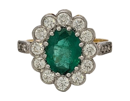 Emerald & Diamond Cluster Ring 18ct Yellow Gold Platinum 1.64ct Colombian Emerald 0.85ct Diamond Milgrain Setting 