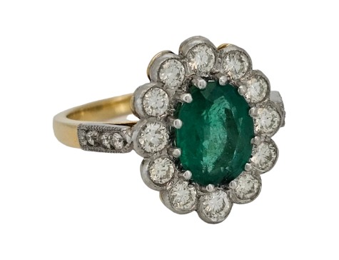 Emerald & Diamond Cluster Ring 18ct Yellow Gold Platinum 1.64ct Colombian Emerald 0.85ct Diamond Milgrain Setting 