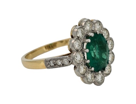 Emerald & Diamond Cluster Ring 18ct Yellow Gold Platinum 1.64ct Colombian Emerald 0.85ct Diamond Milgrain Setting 