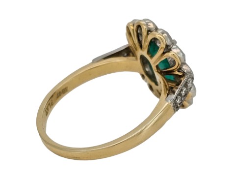 Emerald & Diamond Cluster Ring 18ct Yellow Gold Platinum 1.64ct Colombian Emerald 0.85ct Diamond Milgrain Setting 