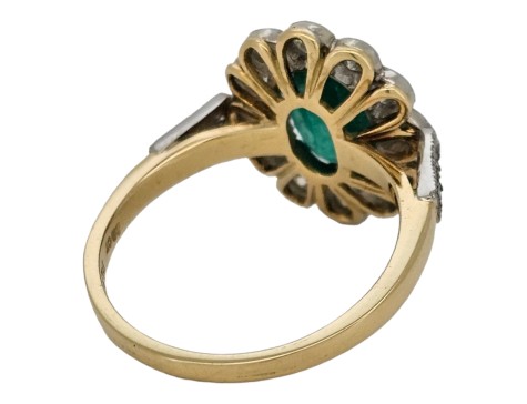 Emerald & Diamond Cluster Ring 18ct Yellow Gold Platinum 1.64ct Colombian Emerald 0.85ct Diamond Milgrain Setting 