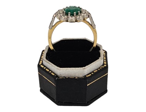 Emerald & Diamond Cluster Ring 18ct Yellow Gold Platinum 1.64ct Colombian Emerald 0.85ct Diamond Milgrain Setting 