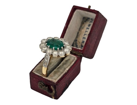 Emerald & Diamond Cluster Ring 18ct Yellow Gold Platinum 1.64ct Colombian Emerald 0.85ct Diamond Milgrain Setting 