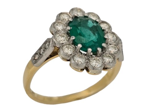 Emerald & Diamond Cluster Ring 18ct Yellow Gold Platinum 1.64ct Colombian Emerald 0.85ct Diamond Milgrain Setting 