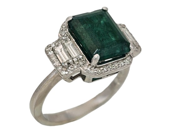 Emerald & Diamond Statement Cocktail Dress Ring 3.00ct Emerald 14kt White Gold 1.00ct Diamond 