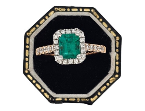Emerald & Diamond Halo Cluster Ring 18ct Rose Gold & Platinum 