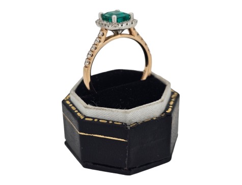 Emerald & Diamond Halo Cluster Ring 18ct Rose Gold & Platinum 