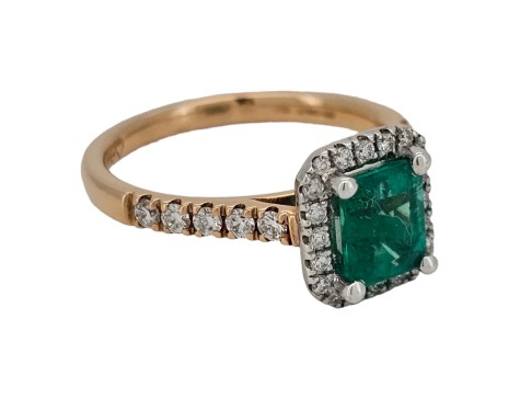 Emerald & Diamond Halo Cluster Ring 18ct Rose Gold & Platinum 