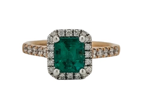 Emerald & Diamond Halo Cluster Ring 18ct Rose Gold & Platinum 