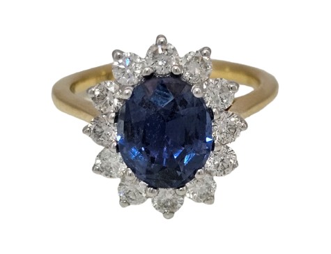 Sapphire & Diamond Cluster Ring 18ct Yellow Gold 2.66ct Oval Cut Sapphire 