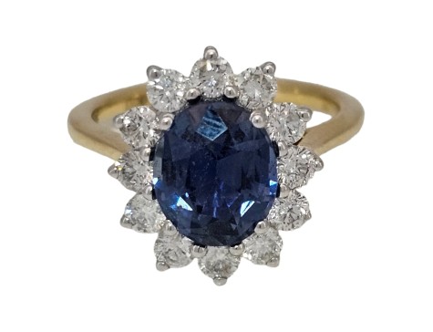 Sapphire & Diamond Cluster Ring 18ct Yellow Gold 2.66ct Oval Cut Sapphire 