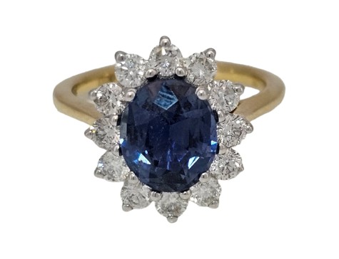 Sapphire & Diamond Cluster Ring 18ct Yellow Gold 2.66ct Oval Cut Sapphire 