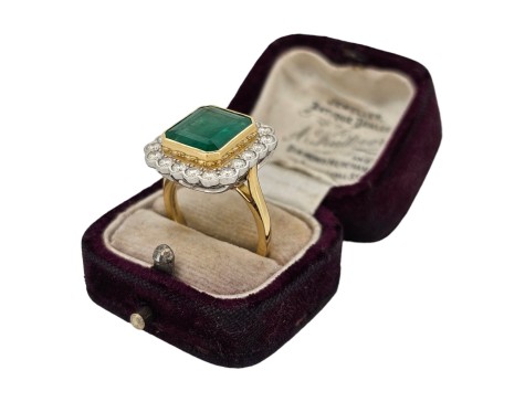 Emerald & Diamond Cluster Dress Statement Cocktail Ring 18ct Yellow Gold Platinum 4.00ct Emerald 1.00ct Diamond Rub-over Setting 