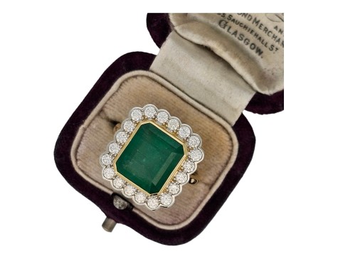 Emerald & Diamond Cluster Dress Statement Cocktail Ring 18ct Yellow Gold Platinum 4.00ct Emerald 1.00ct Diamond Rub-over Setting 