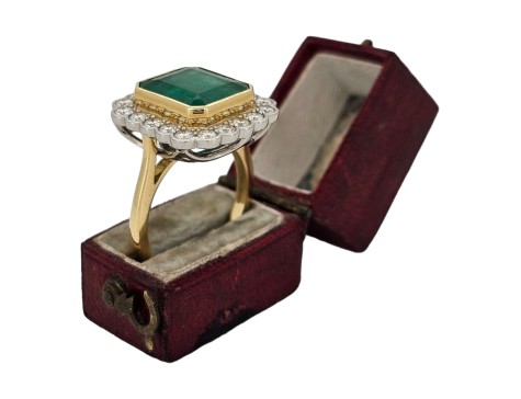 Emerald & Diamond Cluster Dress Statement Cocktail Ring 18ct Yellow Gold Platinum 4.00ct Emerald 1.00ct Diamond Rub-over Setting 