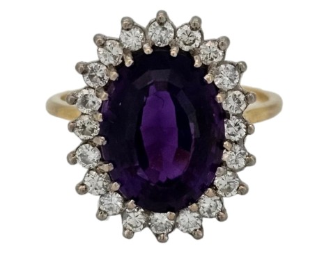 Amethyst & Diamond Dress Cocktail Statement Cluster Ring 18ct Yellow Gold Large Russian Oval Cut Amethyst 