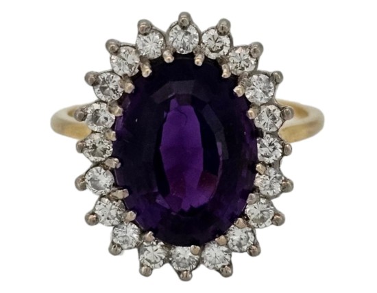 Amethyst & Diamond Dress Cocktail Statement Cluster Ring 18ct Yellow Gold Large Russian Oval Cut Amethyst 