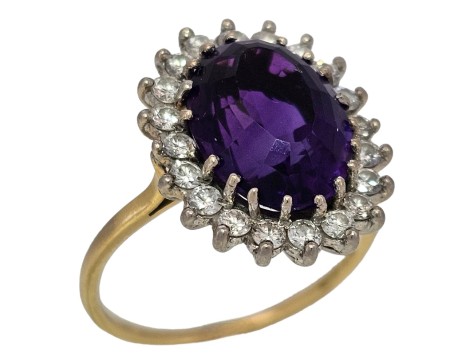 Amethyst & Diamond Dress Cocktail Statement Cluster Ring 18ct Yellow Gold Large Russian Oval Cut Amethyst 