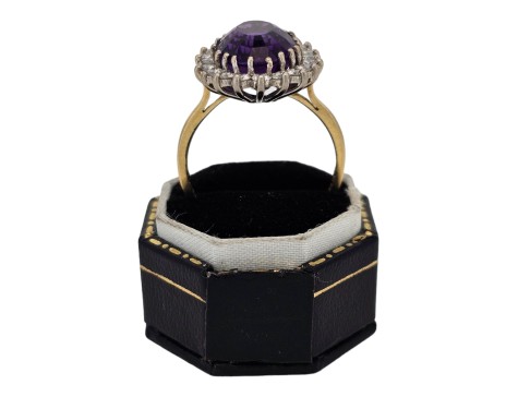 Amethyst & Diamond Dress Cocktail Statement Cluster Ring 18ct Yellow Gold Large Russian Oval Cut Amethyst 