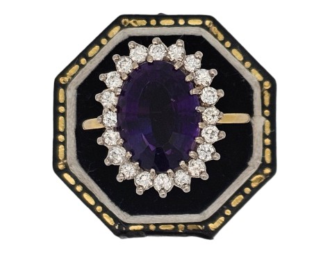 Amethyst & Diamond Dress Cocktail Statement Cluster Ring 18ct Yellow Gold Large Russian Oval Cut Amethyst 