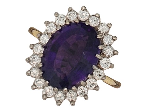Amethyst & Diamond Dress Cocktail Statement Cluster Ring 18ct Yellow Gold Large Russian Oval Cut Amethyst 