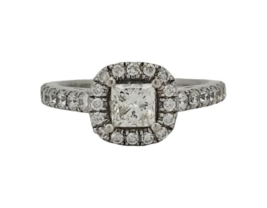 Diamond Solitaire Halo Cluster Ring 1.00ct Princess Brilliant Cut F-G Colour Si Clarity Platinum 