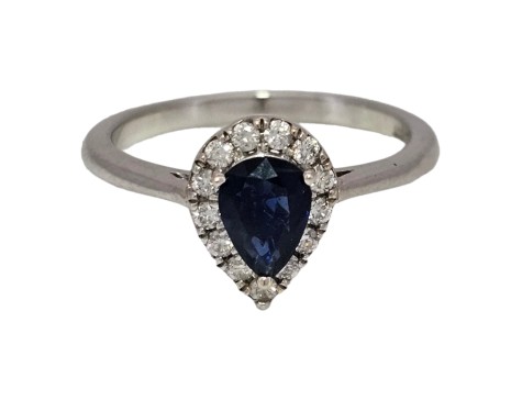 Sapphire & Diamond Halo Cluster Ring Pear Tear Drop Cut 9ct White Gold 0.85ct 