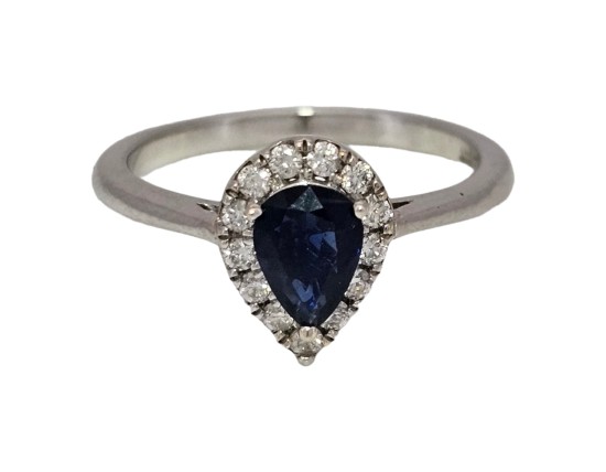 Sapphire & Diamond Halo Cluster Ring Pear Tear Drop Cut 9ct White Gold 0.85ct 