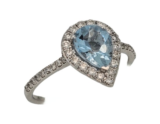 Aquamarine & Diamond Cluster Ring 18ct White Gold Pear Tear Drop Cut 1.00ct