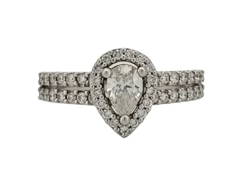 Diamond Solitaire Halo Cluster Ring 18ct White Gold Split Shank Pear Tear Drop Cut 0.64ct 