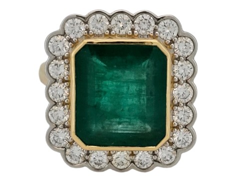 Emerald & Diamond Cluster Dress Statement Cocktail Ring 18ct Yellow Gold Platinum 4.00ct Emerald 1.00ct Diamond Rub-over Setting 