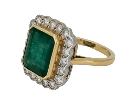Emerald & Diamond Cluster Dress Statement Cocktail Ring 18ct Yellow Gold Platinum 4.00ct Emerald 1.00ct Diamond Rub-over Setting 