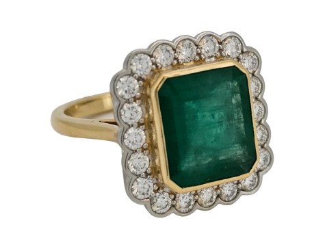 Emerald & Diamond Cluster Dress Statement Cocktail Ring 18ct Yellow Gold Platinum 4.00ct Emerald 1.00ct Diamond Rub-over Setting 