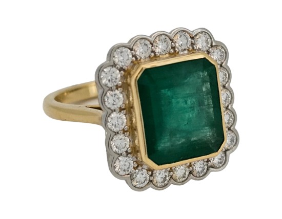 Emerald & Diamond Cluster Dress Statement Cocktail Ring 18ct Yellow Gold Platinum 4.00ct Emerald 1.00ct Diamond Rub-over Setting 