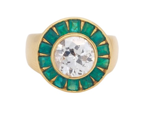 Diamond & Emerald Period Art Deco Cocktail Target Ring 18ct Yellow Gold  2.25ct Old European Cut 