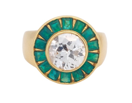 Diamond & Emerald Period Art Deco Cocktail Target Ring 18ct Yellow Gold  2.25ct Old European Cut 