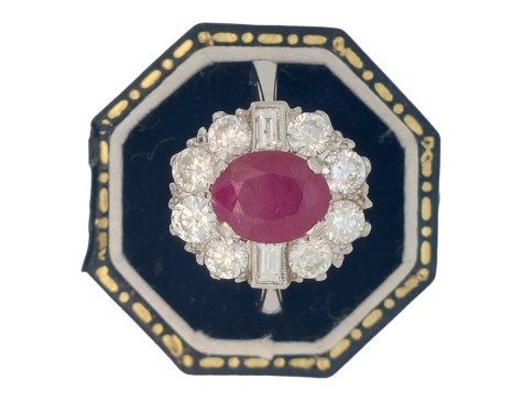 Ruby & Diamond Vintage Platinum Cluster Ring 1.50ct 2.00ct Ruby