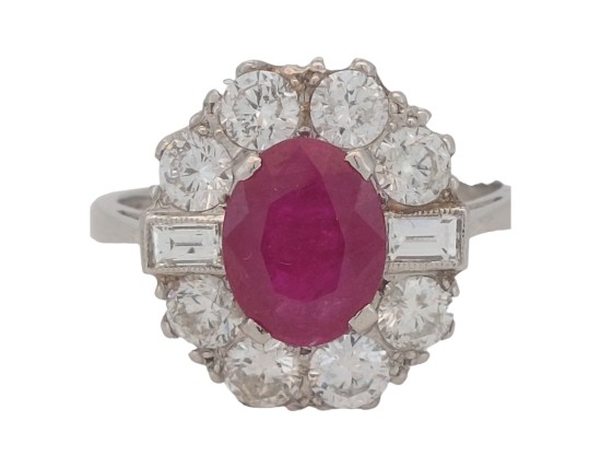 Ruby & Diamond Vintage Platinum Cluster Ring 1.50ct 2.00ct Ruby