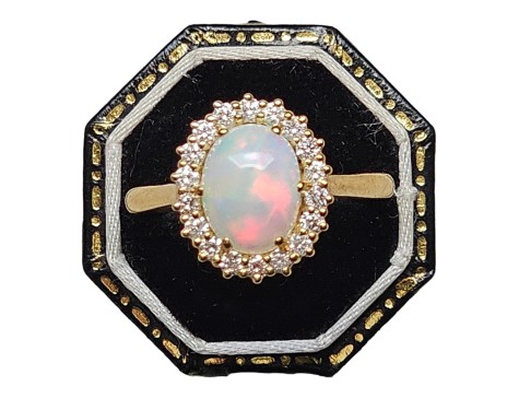 Australian Opal & Diamond Cluster Ring 9ct Yellow Gold 1.56ct Opal 0.46ct Diamond 