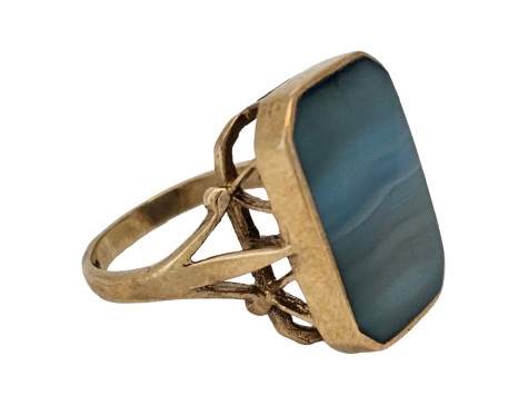 Blue Banded Polished Agate Dress Ring 9ct Gold