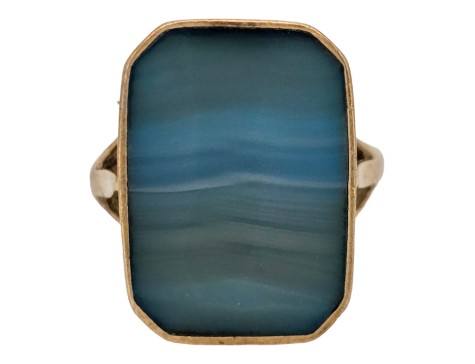 Blue Banded Polished Agate Dress Ring 9ct Gold
