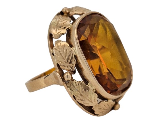 Large Citrine Statement Dress Ring with Floral Leaf Surround 14kt Rose Gold