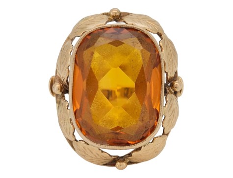 Large Citrine Statement Dress Ring with Floral Leaf Surround 14kt Rose Gold