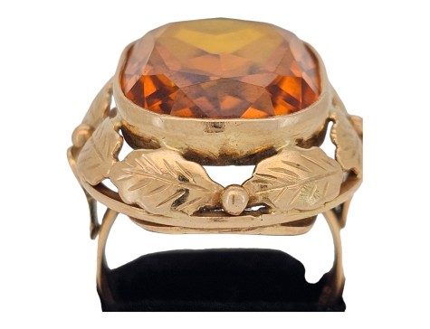 Large Citrine Statement Dress Ring with Floral Leaf Surround 14kt Rose Gold