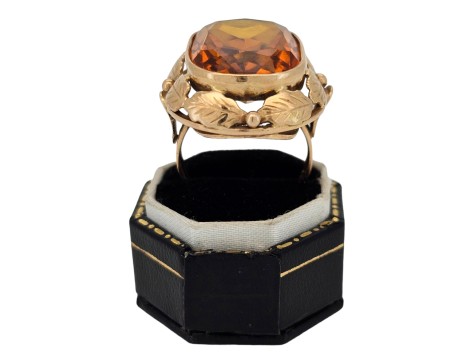 Large Citrine Statement Dress Ring with Floral Leaf Surround 14kt Rose Gold