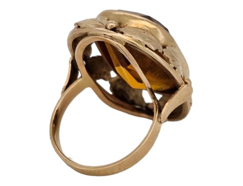 Large Citrine Statement Dress Ring with Floral Leaf Surround 14kt Rose Gold