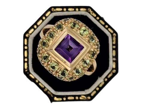 Amethyst & Peridot Raised Dome Dress Ring Yellow Gold 14kt