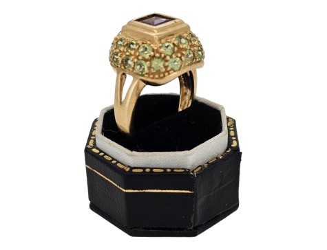 Amethyst & Peridot Raised Dome Dress Ring Yellow Gold 14kt