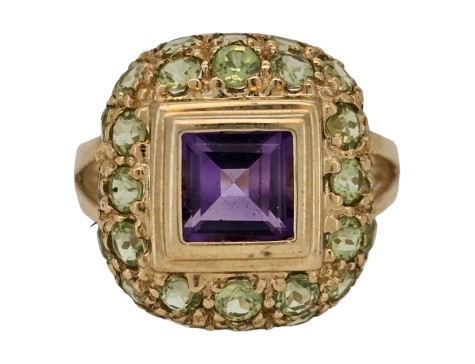 Amethyst & Peridot Raised Dome Dress Ring Yellow Gold 14kt