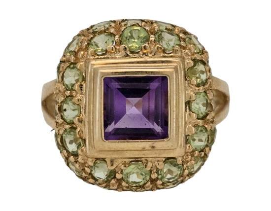 Amethyst & Peridot Raised Dome Dress Ring Yellow Gold 14kt